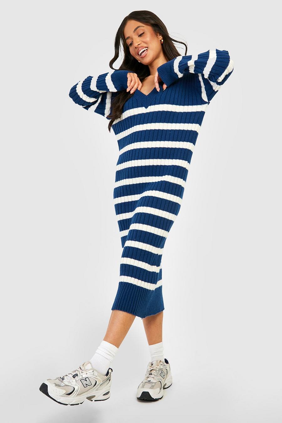 Navy Petite Striped V Neck Jumper Dress 