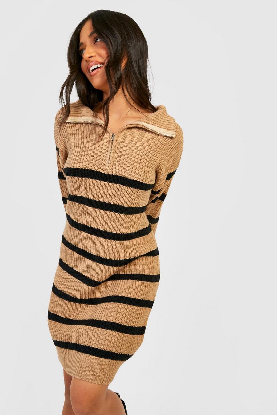 Beige Petite Half Zip Striped Jumper Dress image number 1