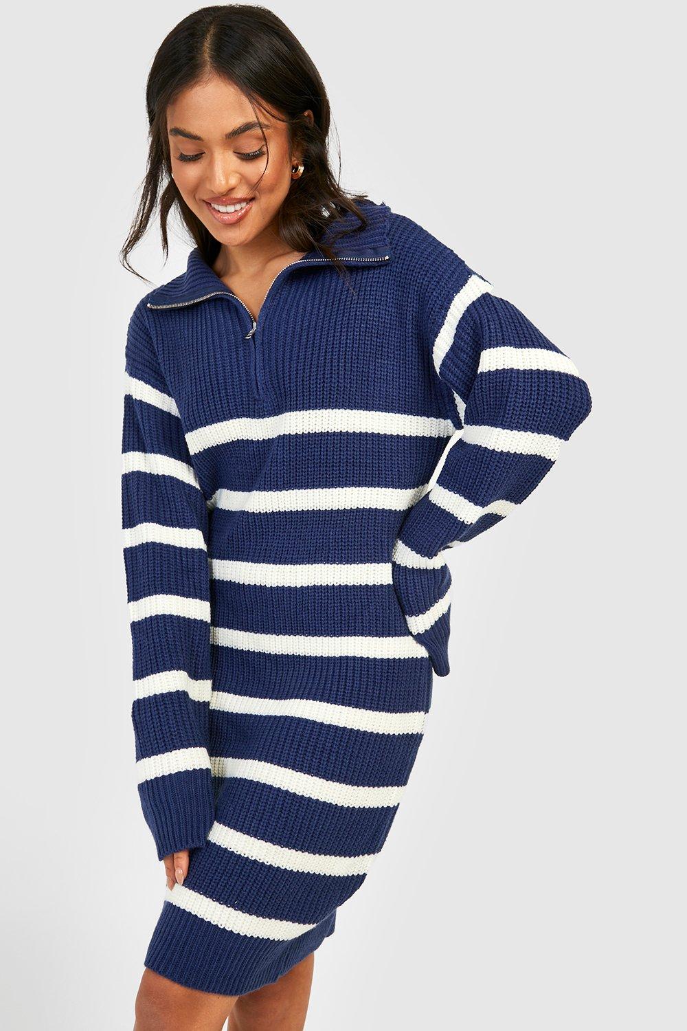 Women's Petite Half Zip Striped Jumper Dress | Boohoo UK