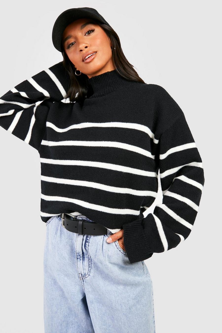 Black Petite Wide Sleeve Striped Sweater