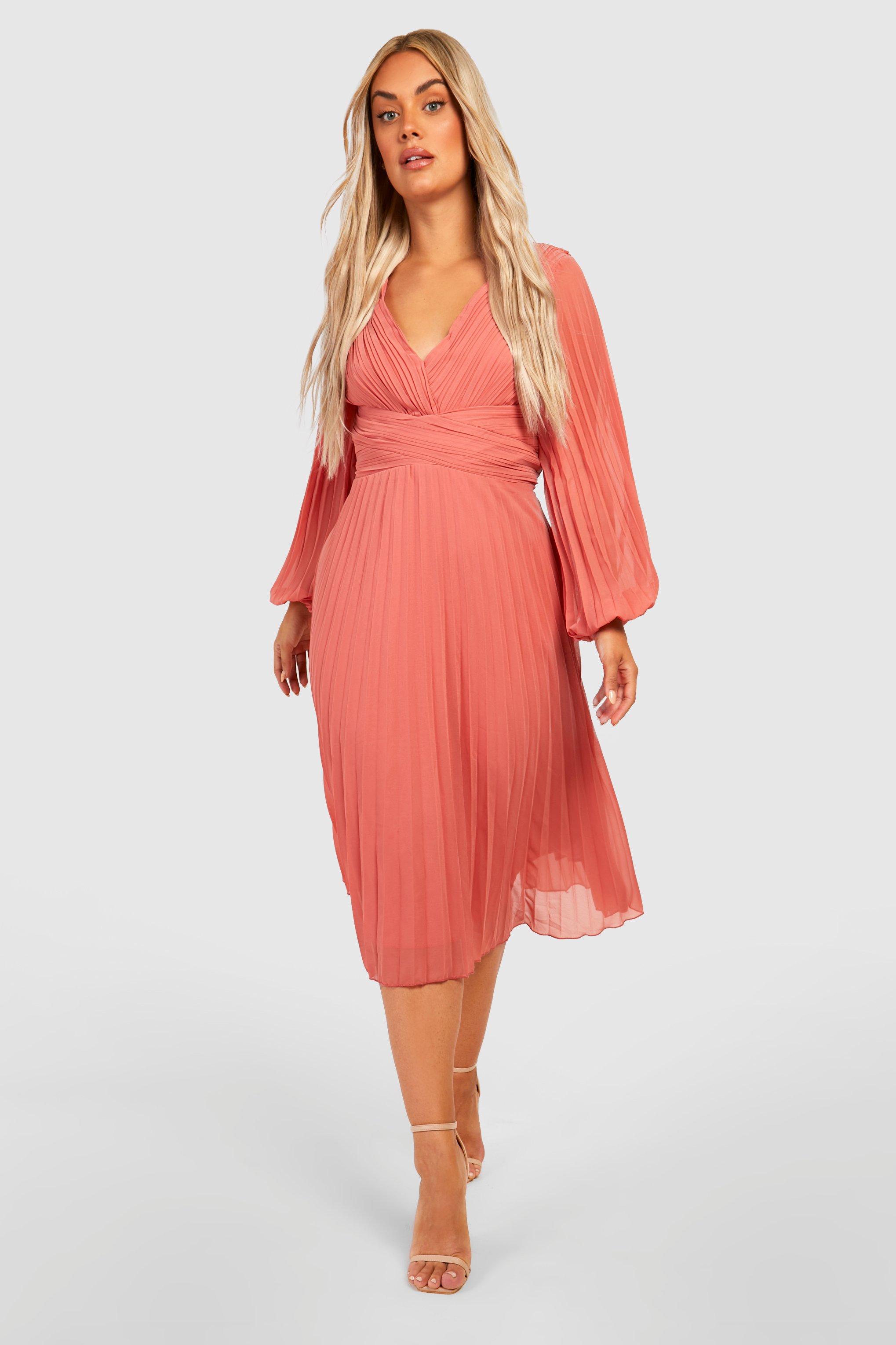 plus rose long sleeve pleated midi dress