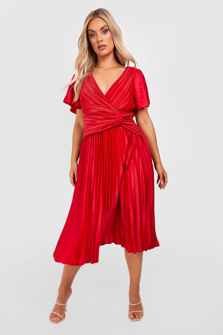 Berry red Plus Pleated Twist Angel Sleeve Midi Dress