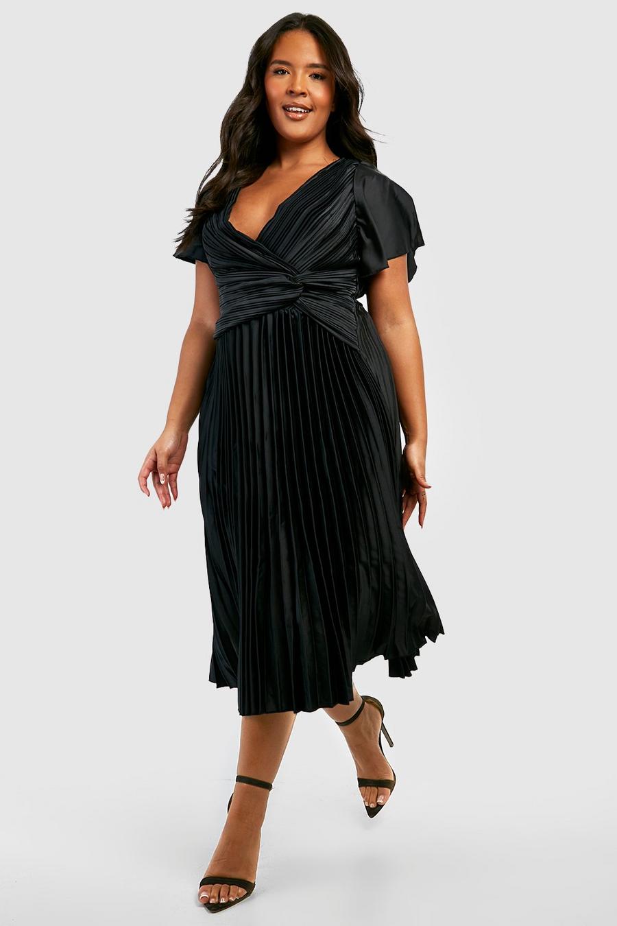 Black Plus Pleated Twist Angel Sleeve Midi Dress image number 1