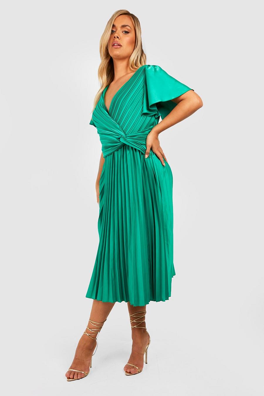 Green Plus Pleated Twist Angel Sleeve Midi Dress