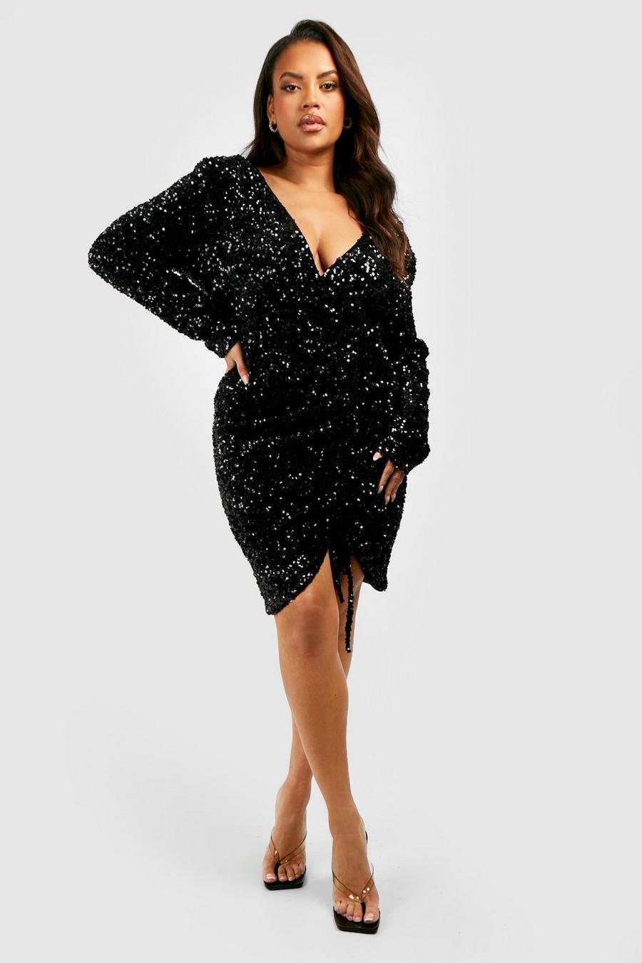 Black Plus Velvet Sequin Ruched Mini Dress image number 1