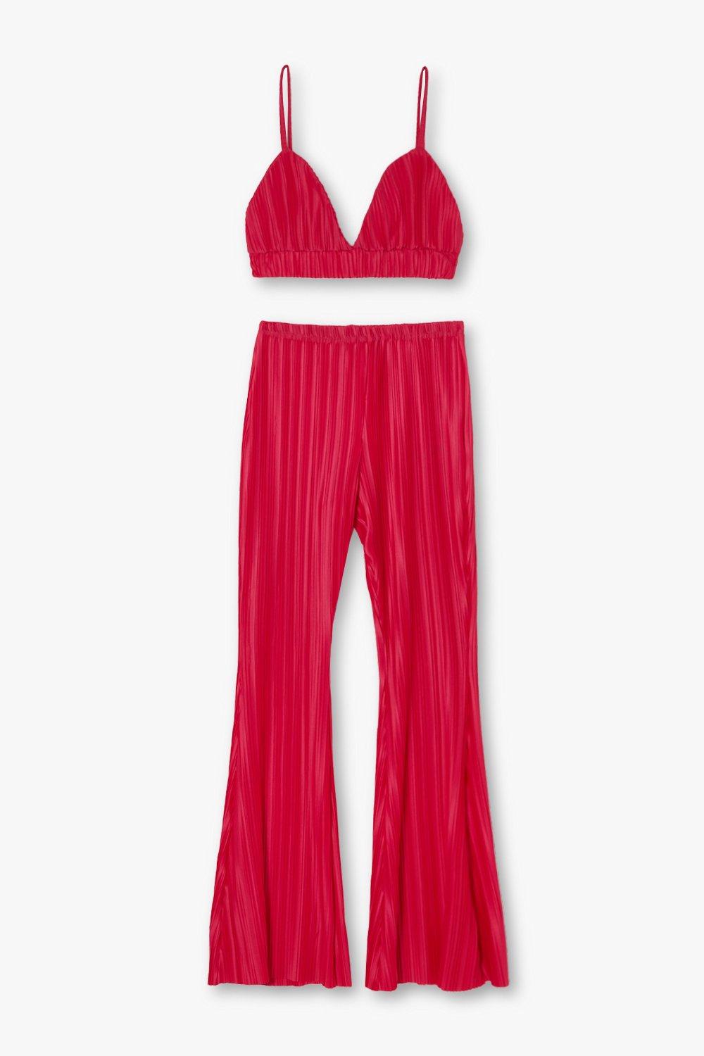 Elowen Two Piece Set - Plisse Crop Top and Relaxed Wide Leg Pants Set in  Pink