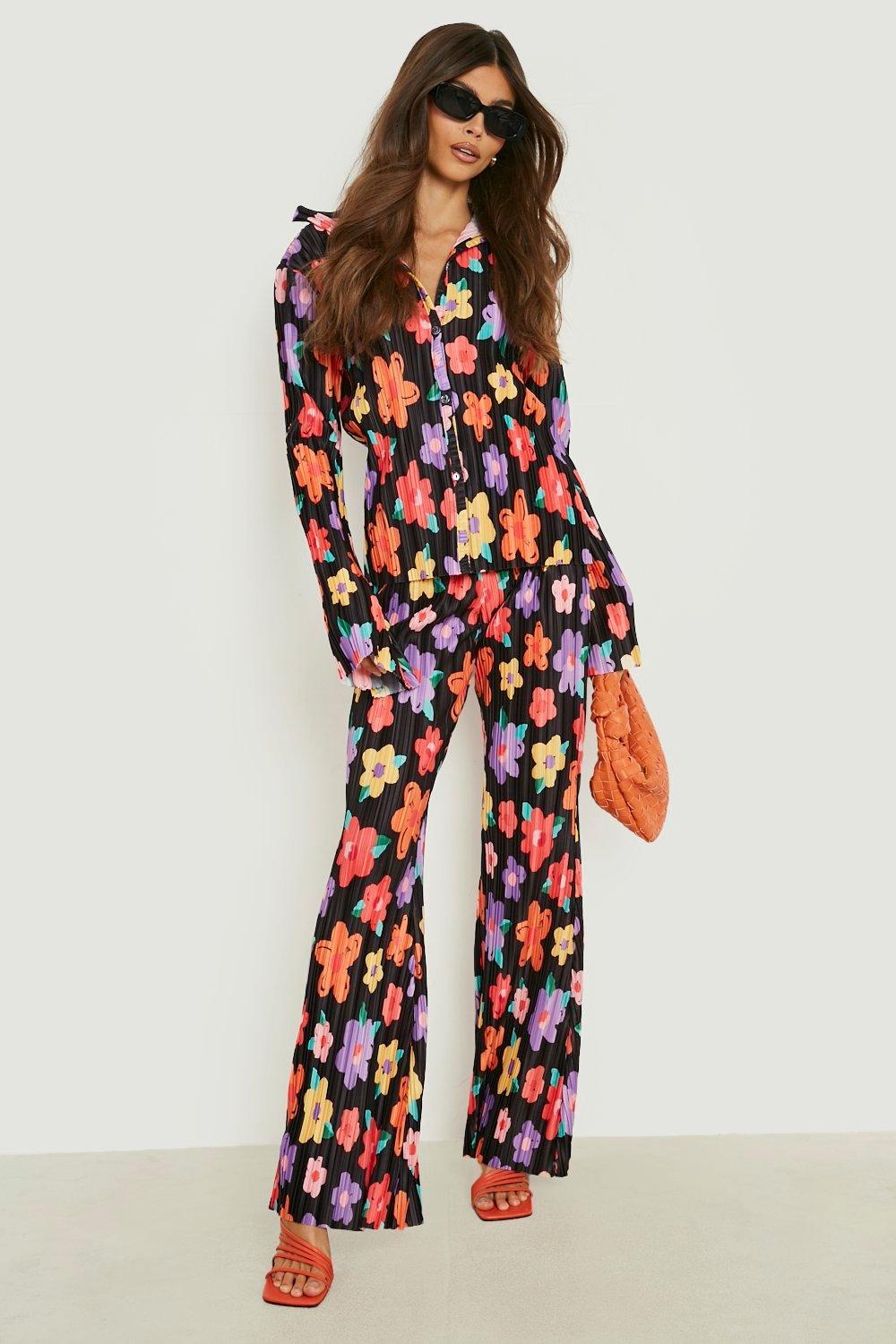 Black Bright Floral Flared Plisse Trousers