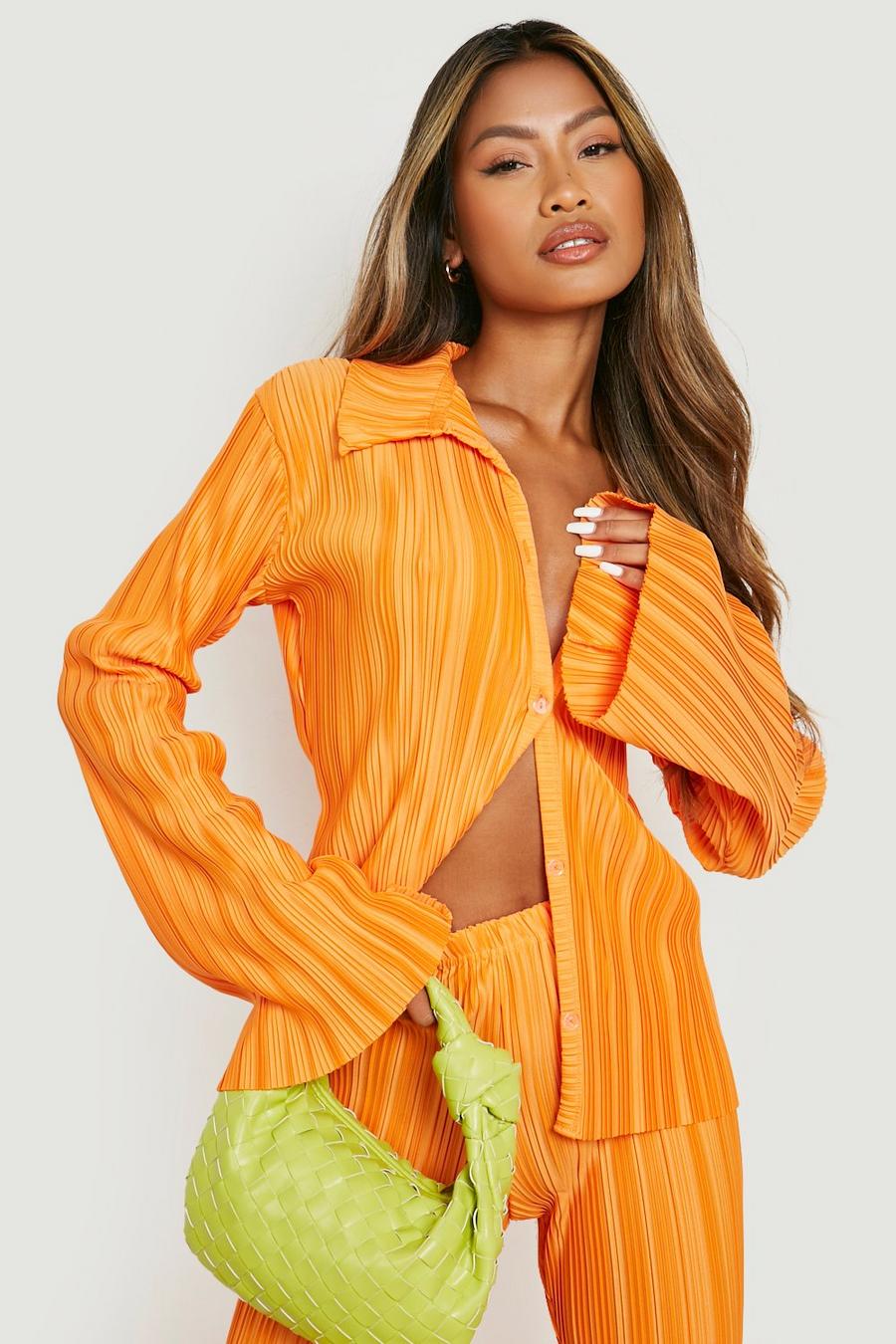 Orange Flared Sleeve Plisse Shirt image number 1