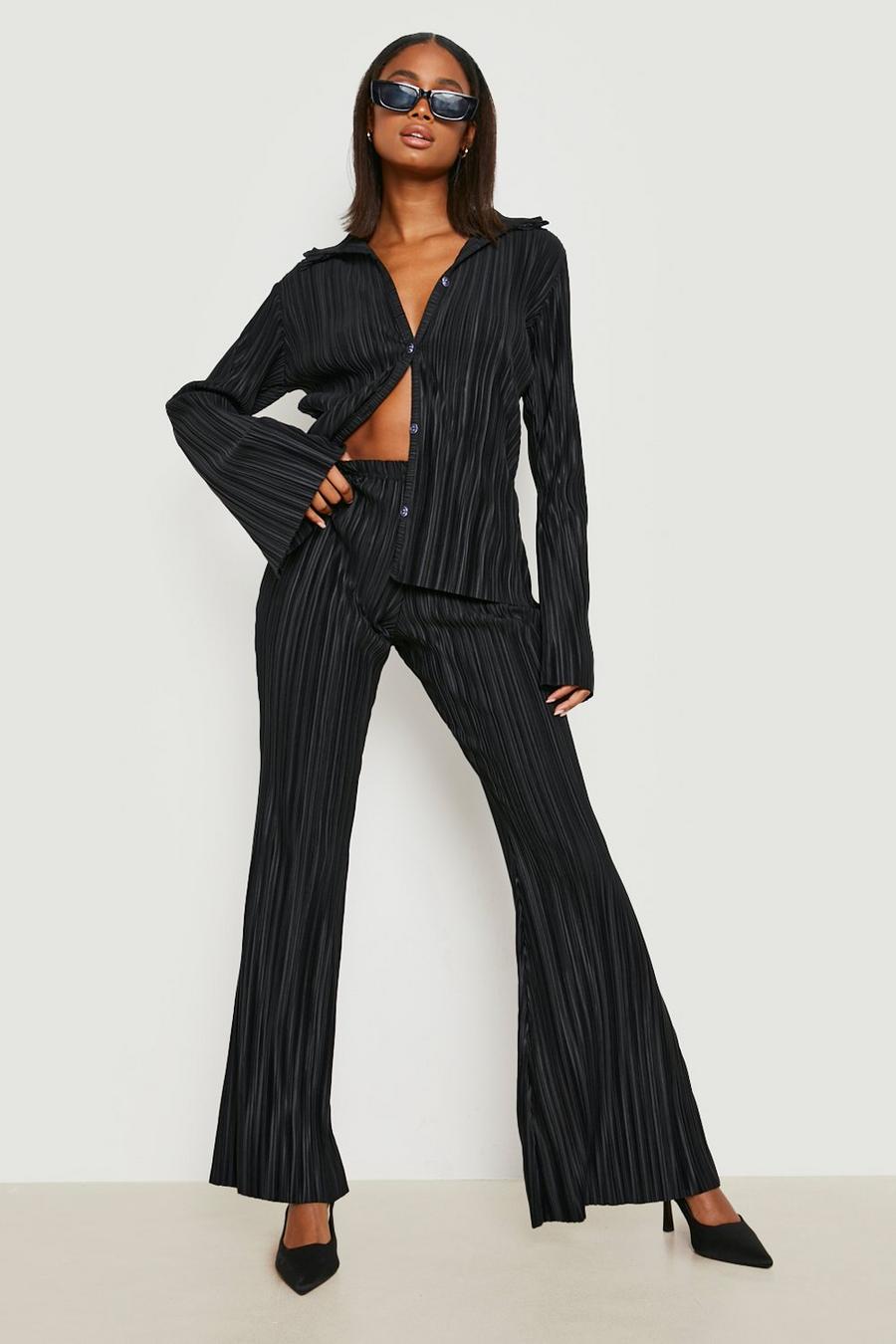 Black Flared Plisse Trousers