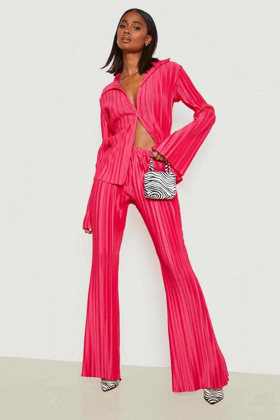 Flared Plisse Trousers, Hot pink rose