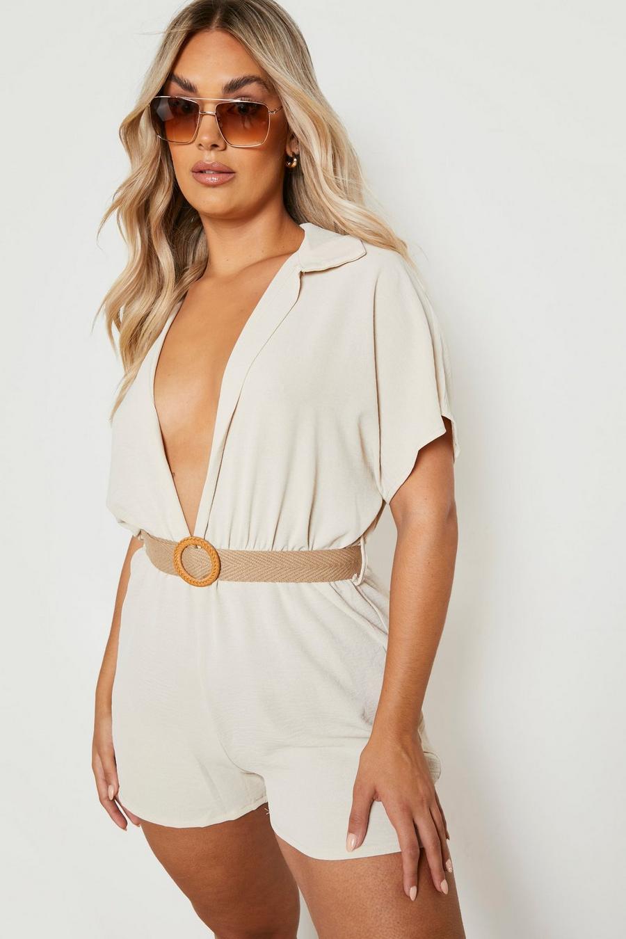 Stone beis Plus Raffia Belted Playsuit