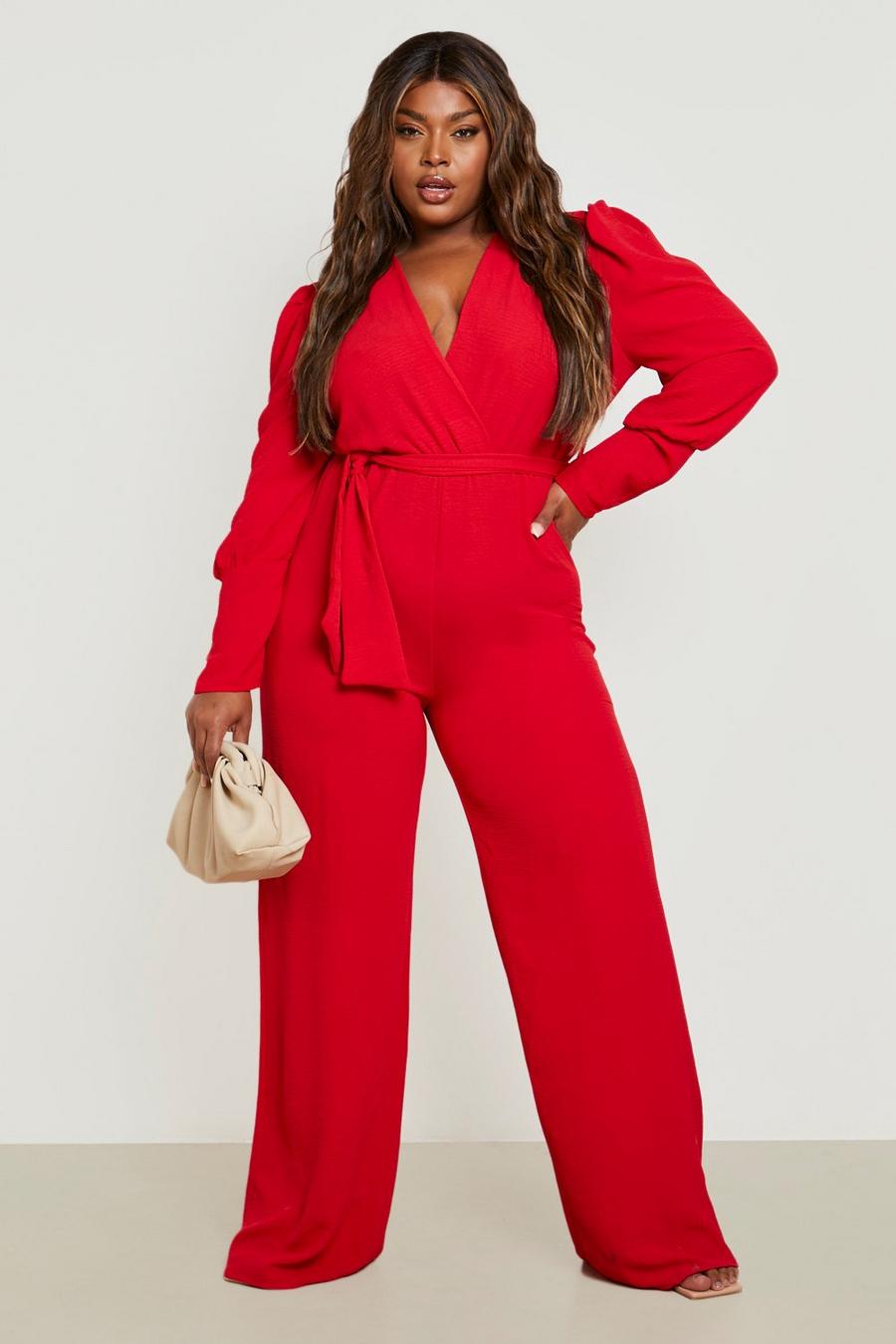 Red Plus Woven Puff Sleeve Belted Jumpsuit image number 1