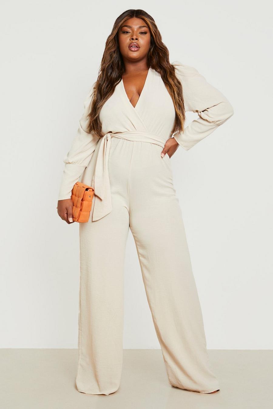 Stone Plus Woven Puff Sleeve Belted Jumpsuit image number 1