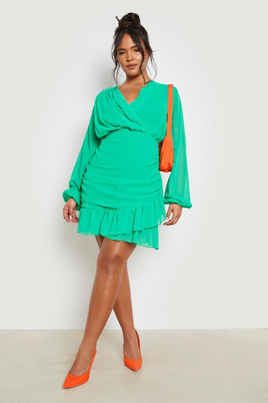 Green grün Plus Chiffon Ruffle Wrap Dress