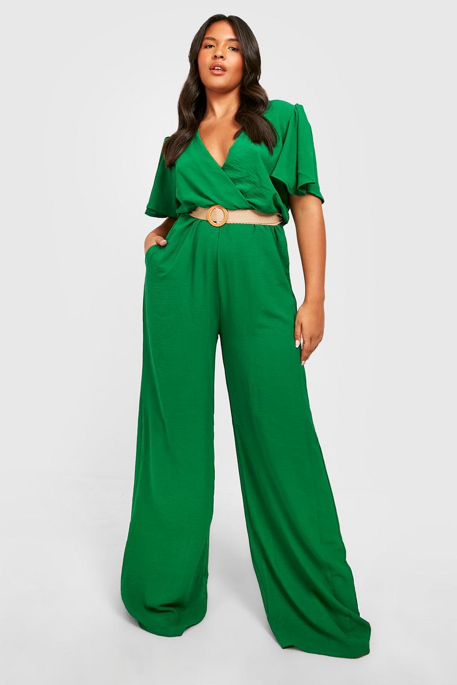 Green grön Plus Raffia Belted Angel Sleeve Jumpsuit