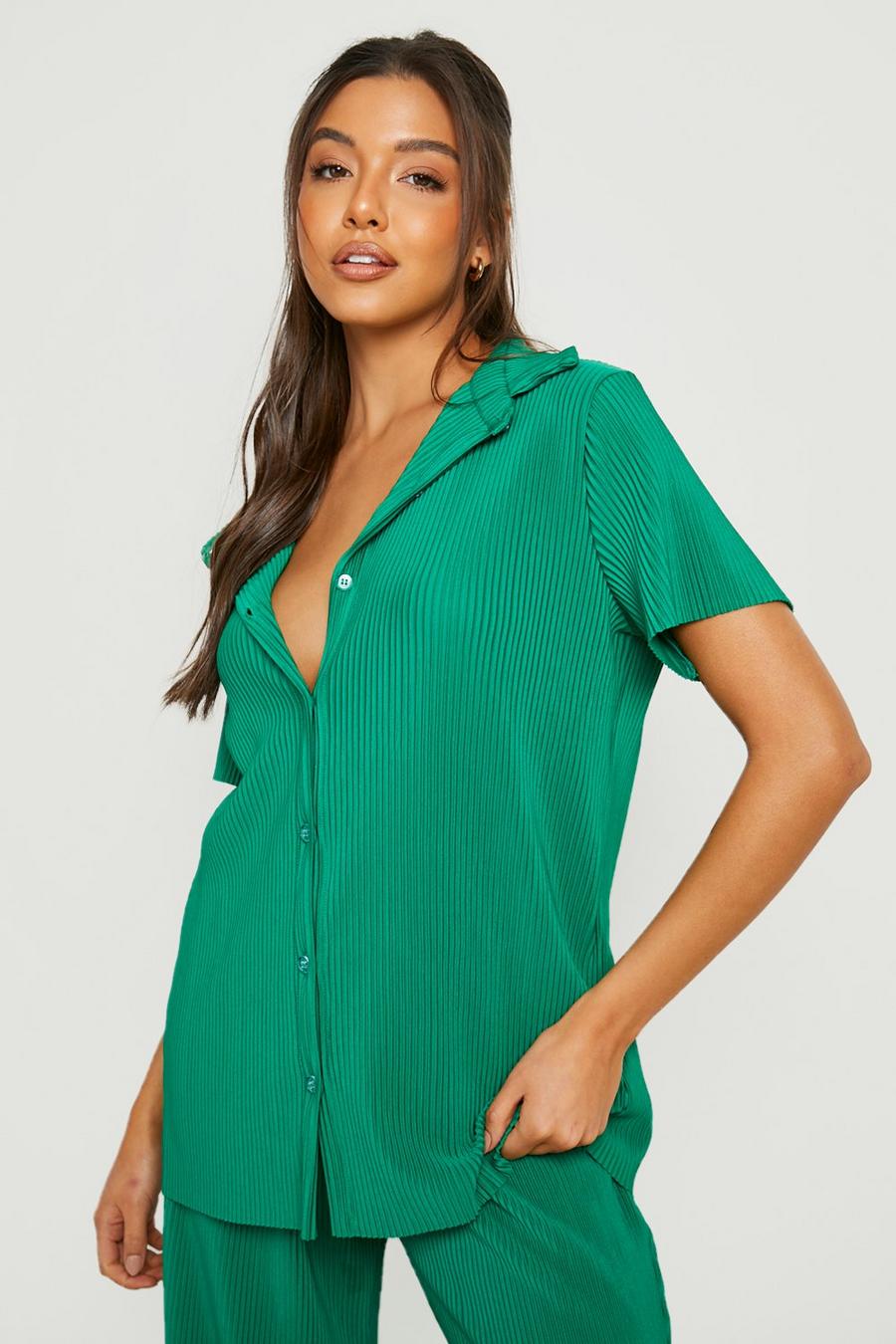 Bright green grön Kortärmad plisserad skjorta