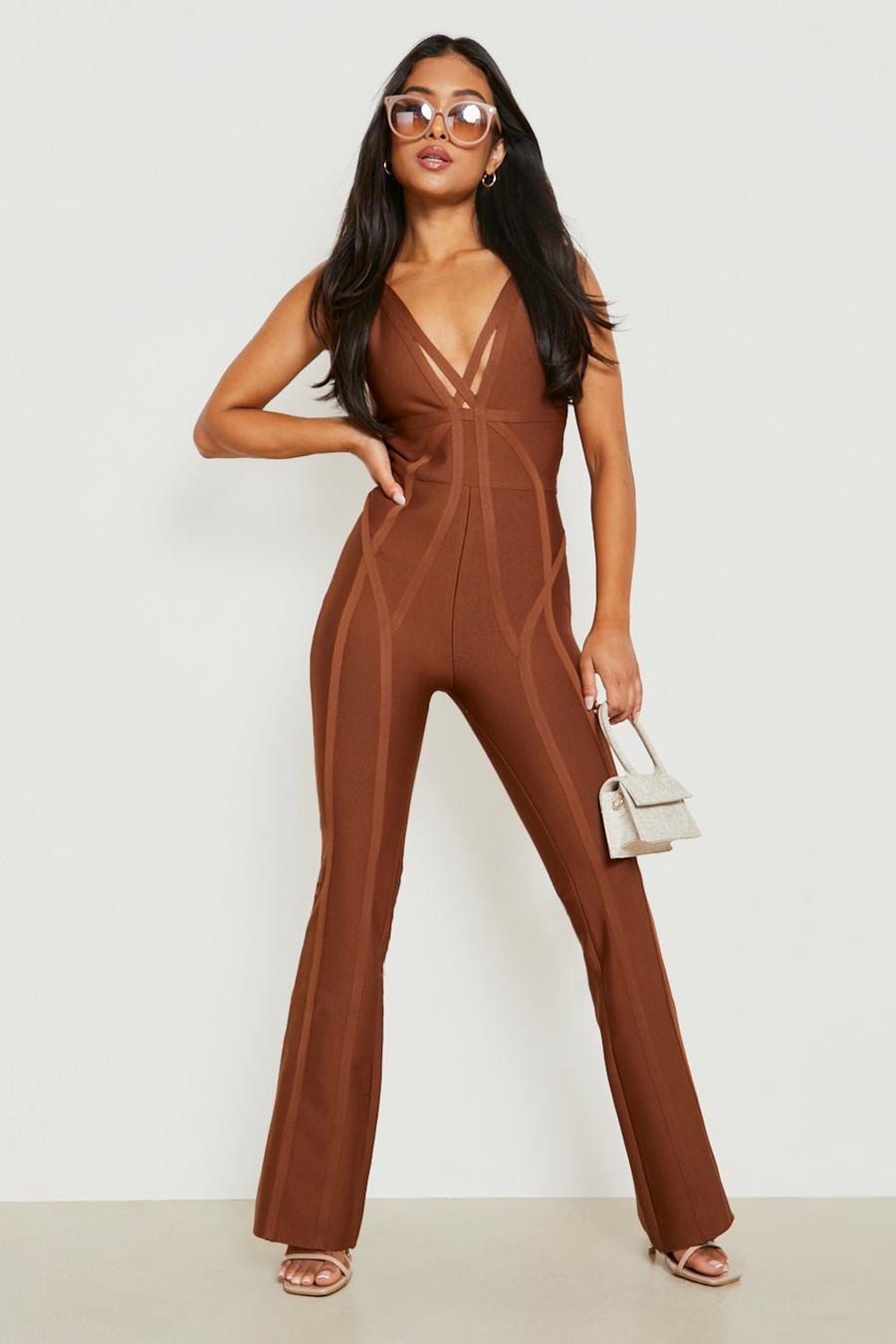 Chocolate brown Petite Bandage Strappy Plunge Flare Jumpsuit