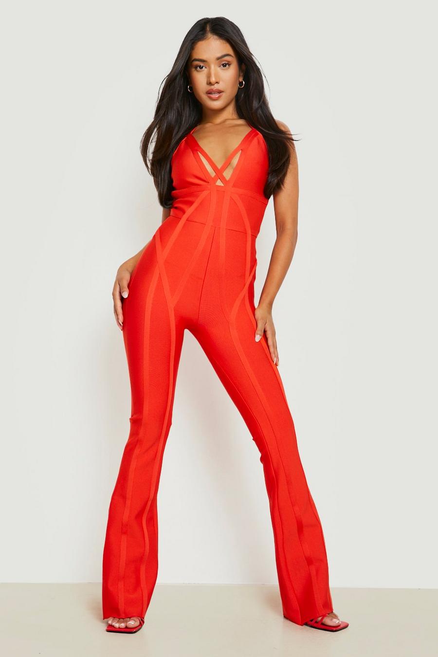 Red Petite Bandage Strappy Plunge Flare Jumpsuit