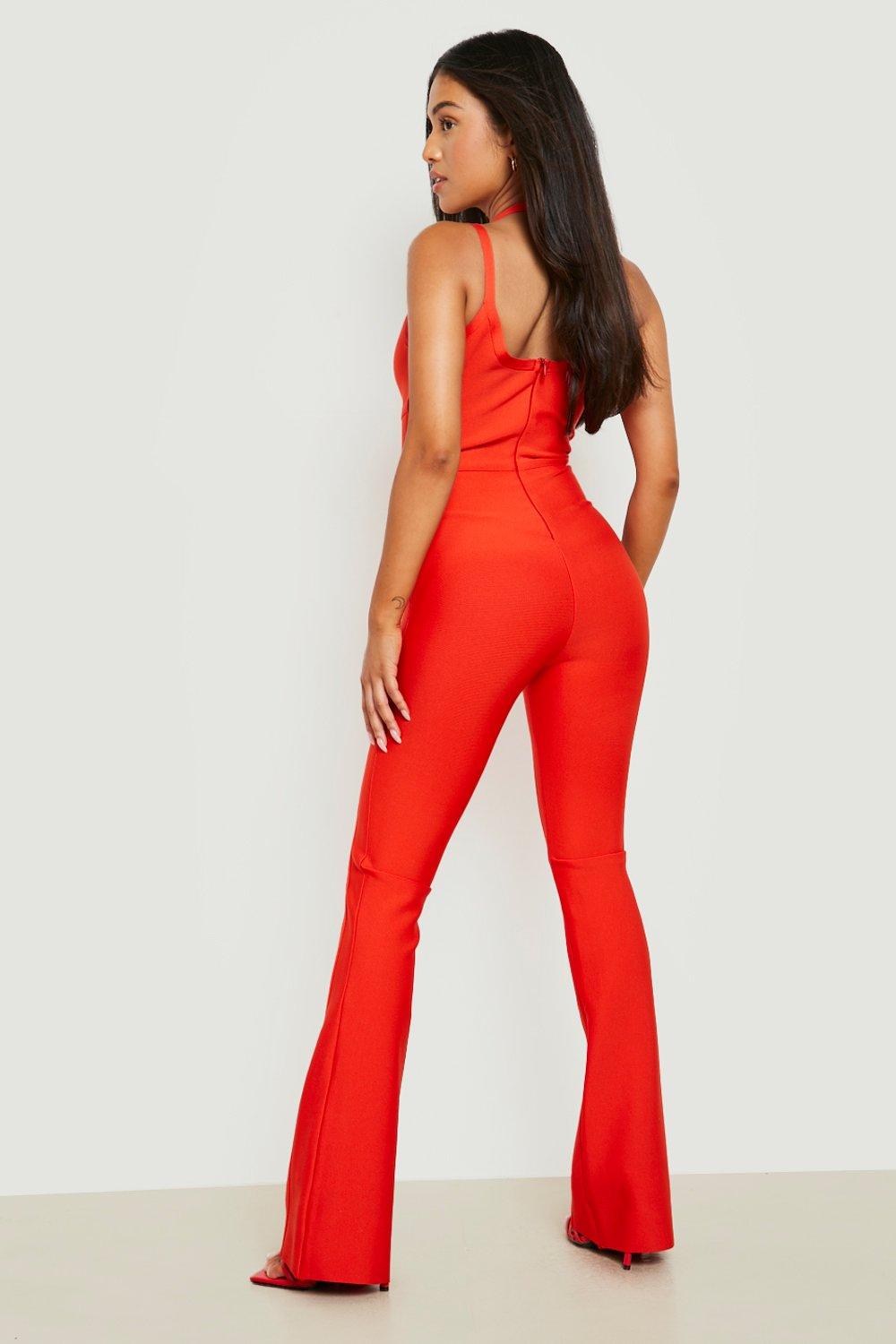 Petite Bandage Strappy Plunge Flare Jumpsuit