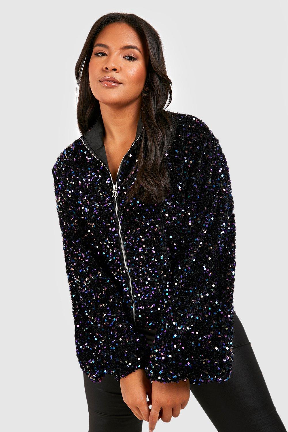 Women s Plus Velvet Sequin Bomber Jacket Boohoo UK