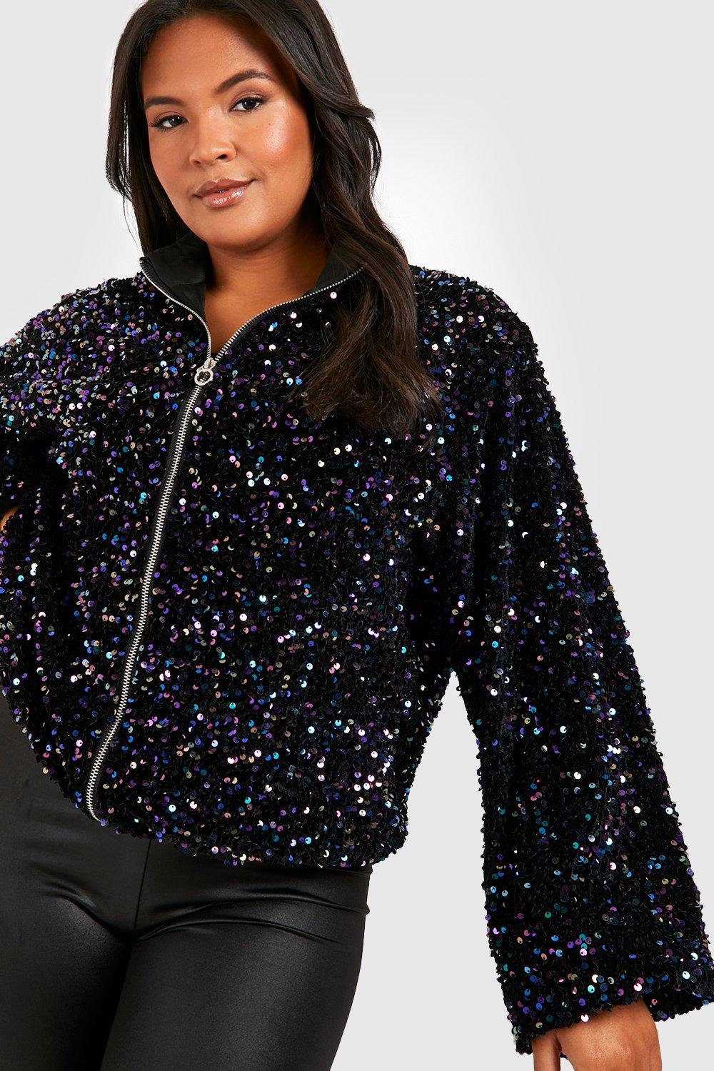 Women s Plus Velvet Sequin Bomber Jacket Boohoo UK