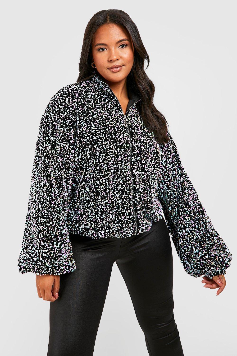 Plus Velvet Sequin Bomber Jacket boohoo