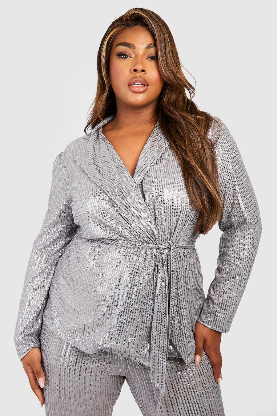 Silver Plus Sequin Wrap Blazer