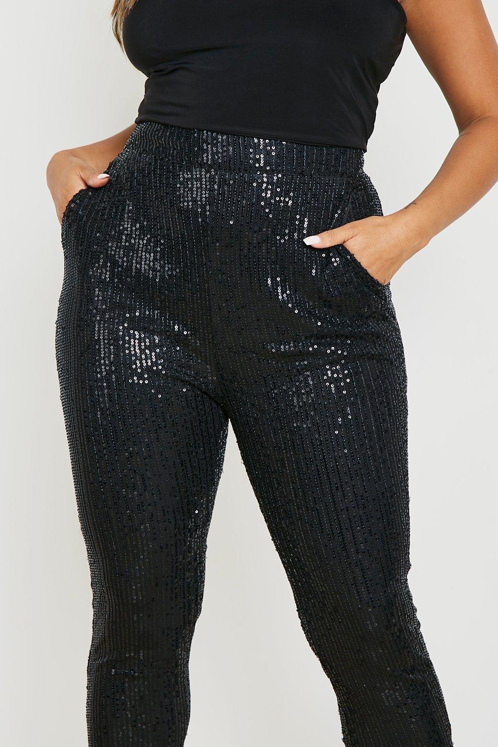 Black Sequin Tailored Wide Leg Pants