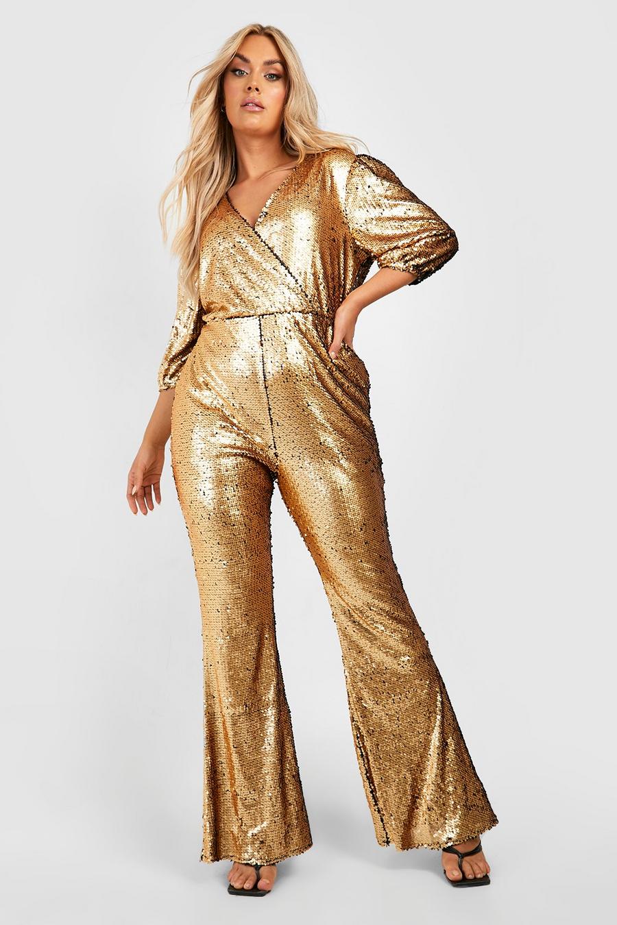 Gold metallic Plus Sequin Puff Sleeve Jumpsuit