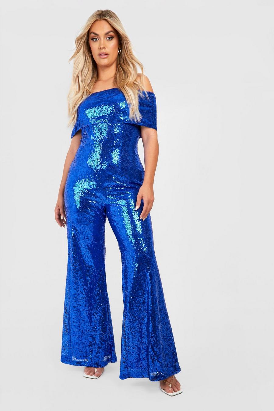 Cobalt blue Plus Off Shoulder Glitter Jumpsuit Met Pailletten