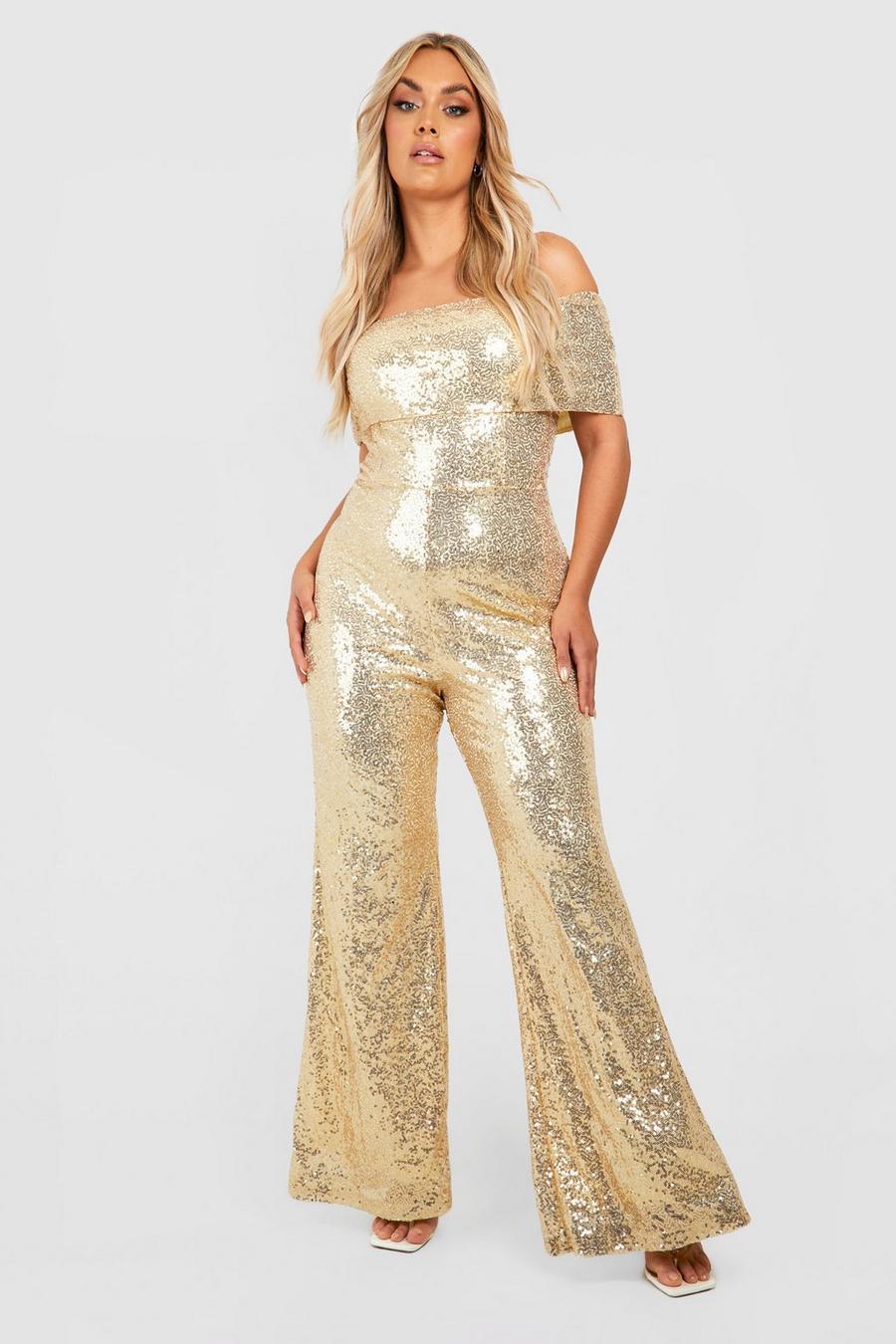Gold metallic Plus Off The Shoulder Sequin Jumpsuit