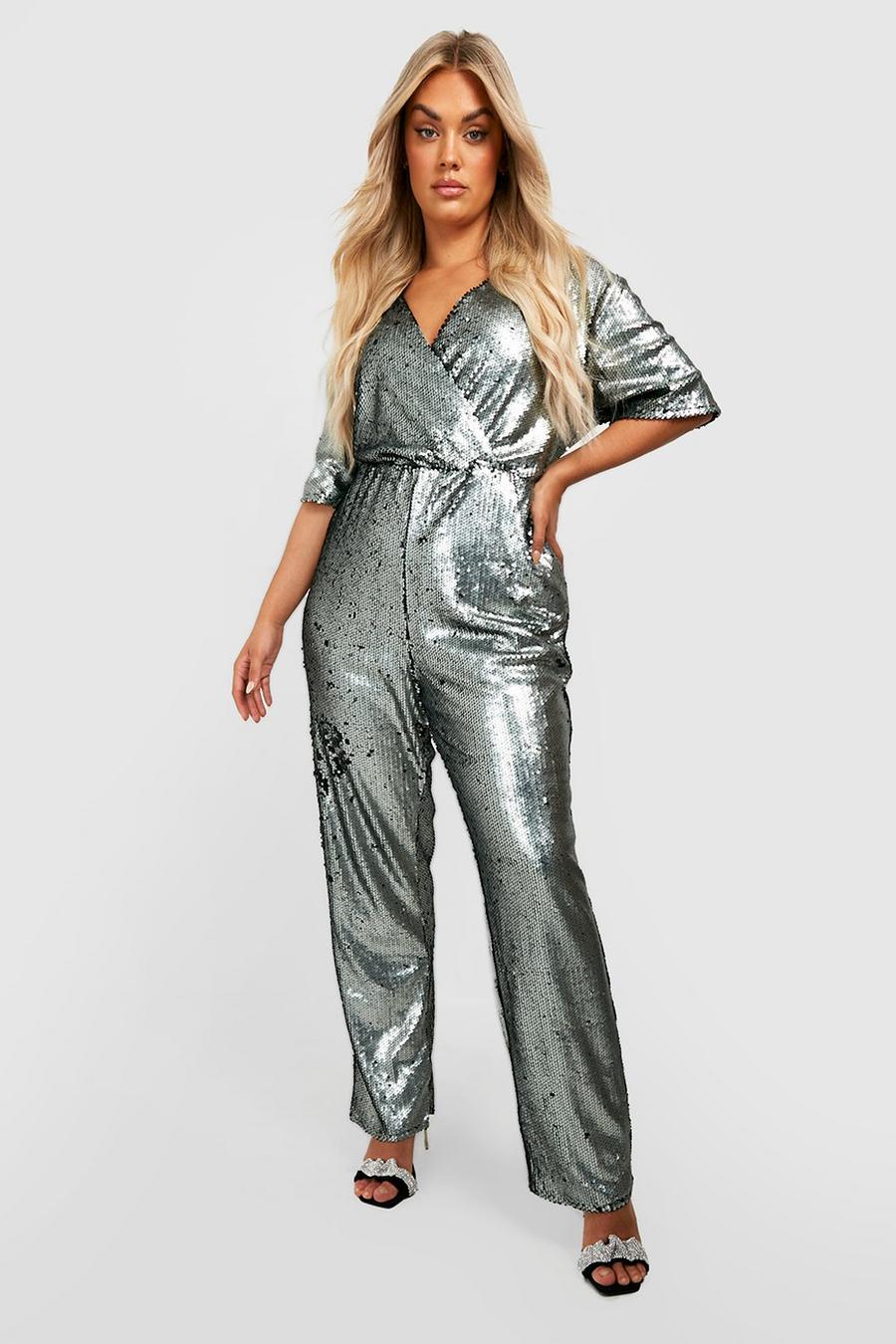 Silver Plus Sequin Wrap Front Jumpsuit