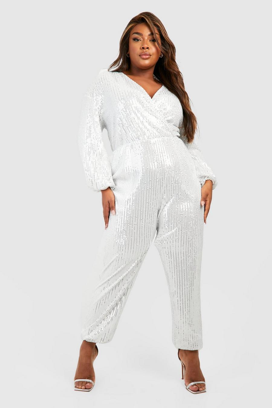 Silver Plus Sequin Wrap Cuffed Jumpsuit image number 1