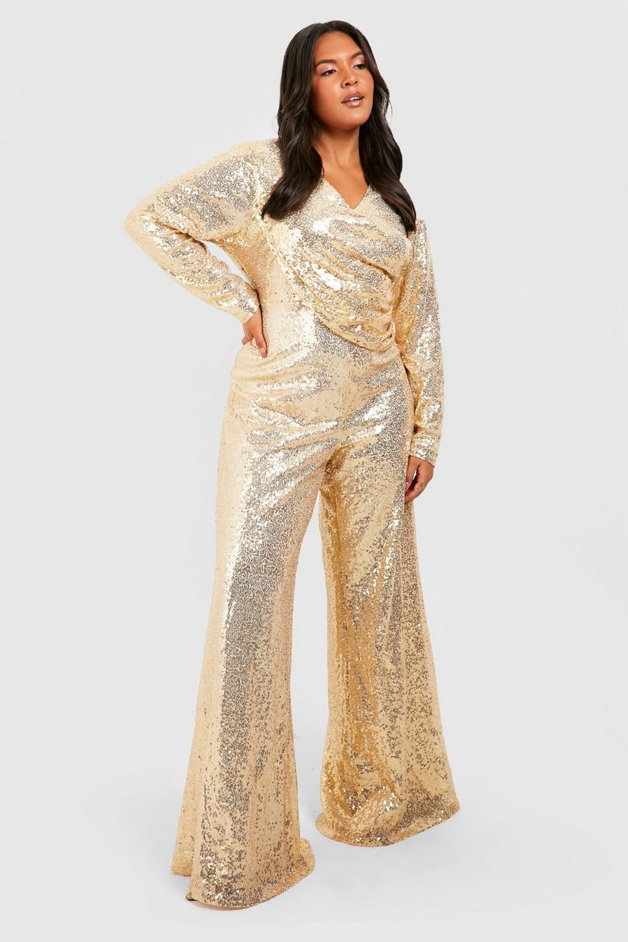 Gold Plus Gedrappeerde Glitter Wide Leg Jumpsuit Met Pailletten image number 1