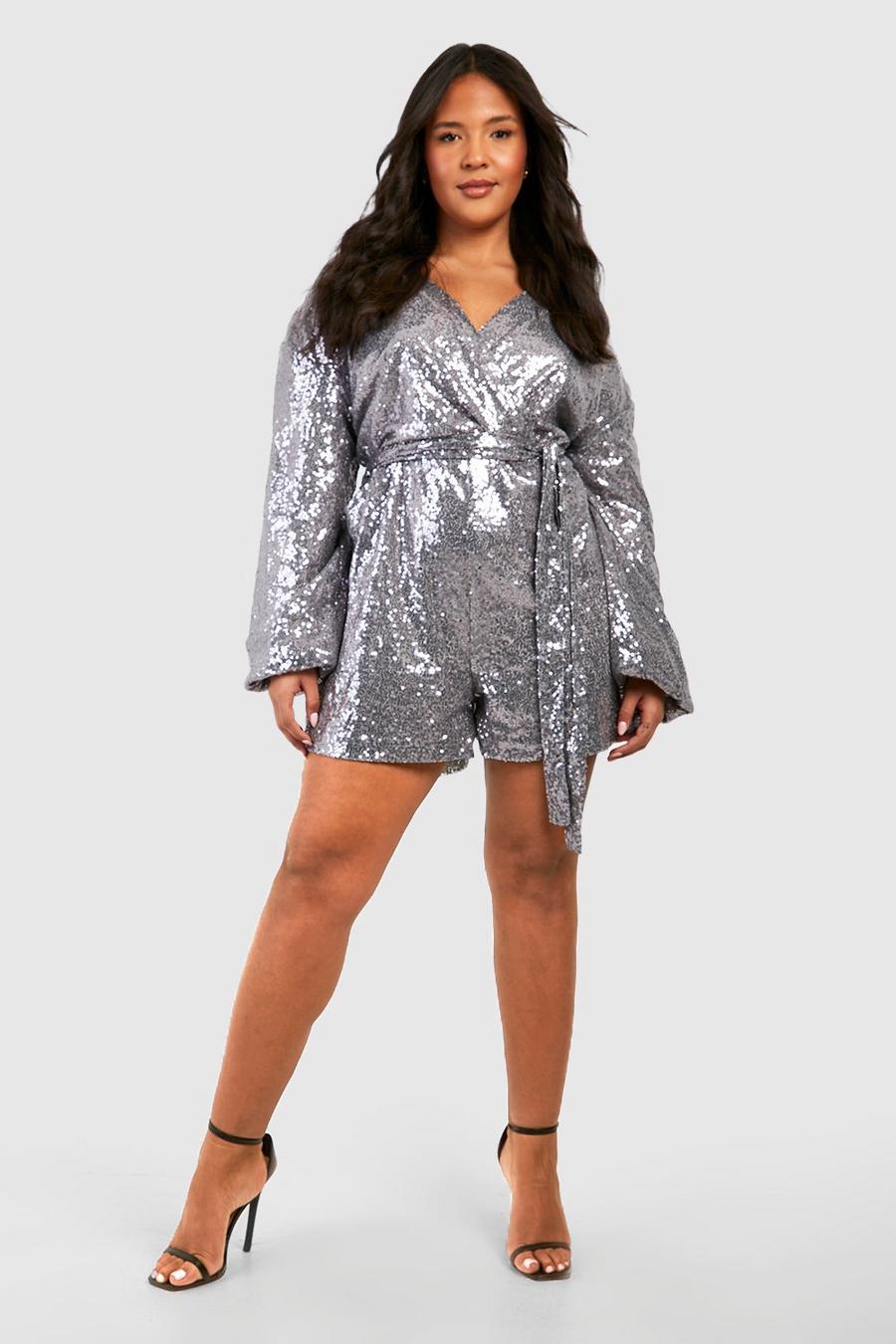 Charcoal grey Plus Sequin Wrap Belted Playsuit