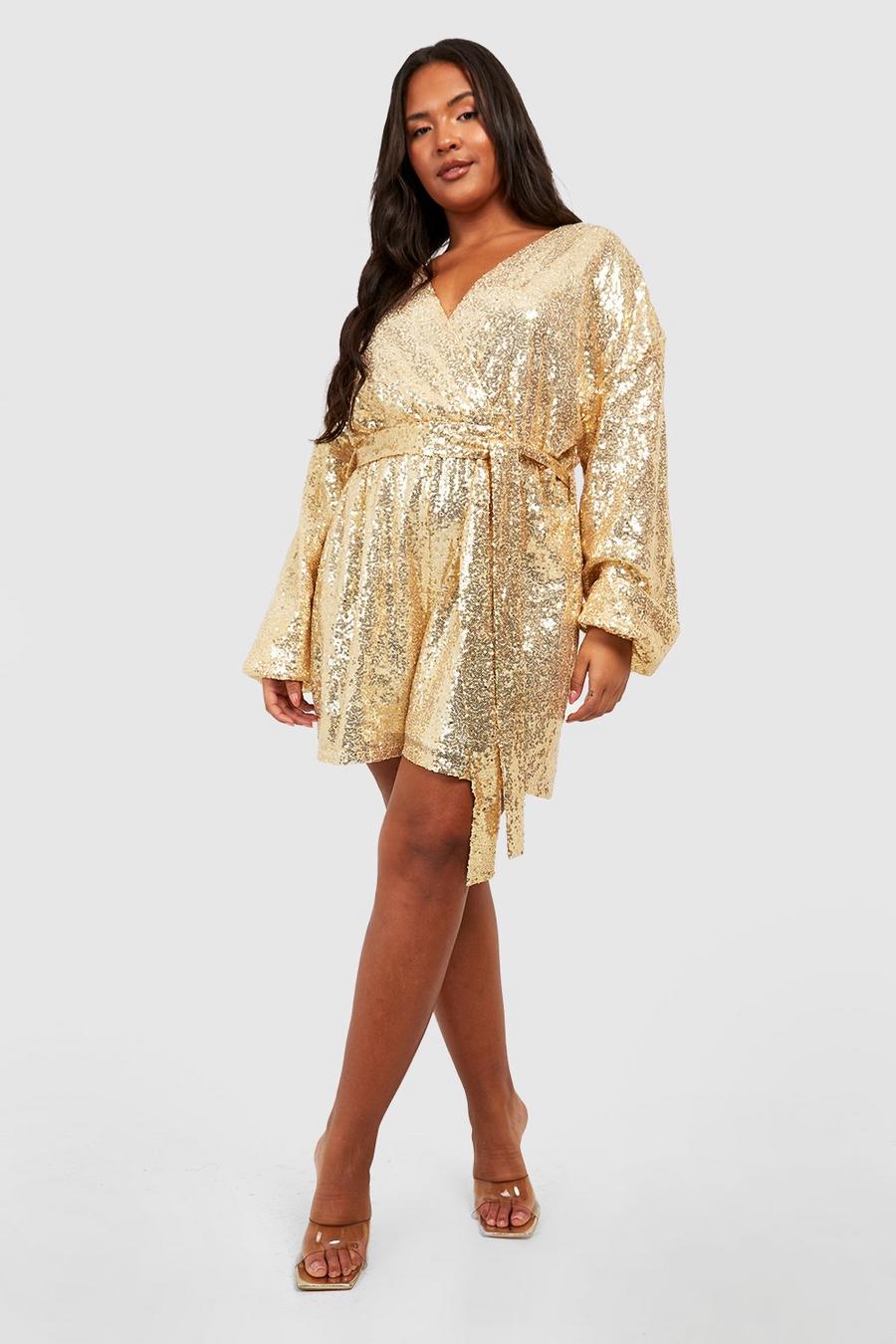 Gold metallic Plus Sequin Wrap Belted Playsuit image number 1