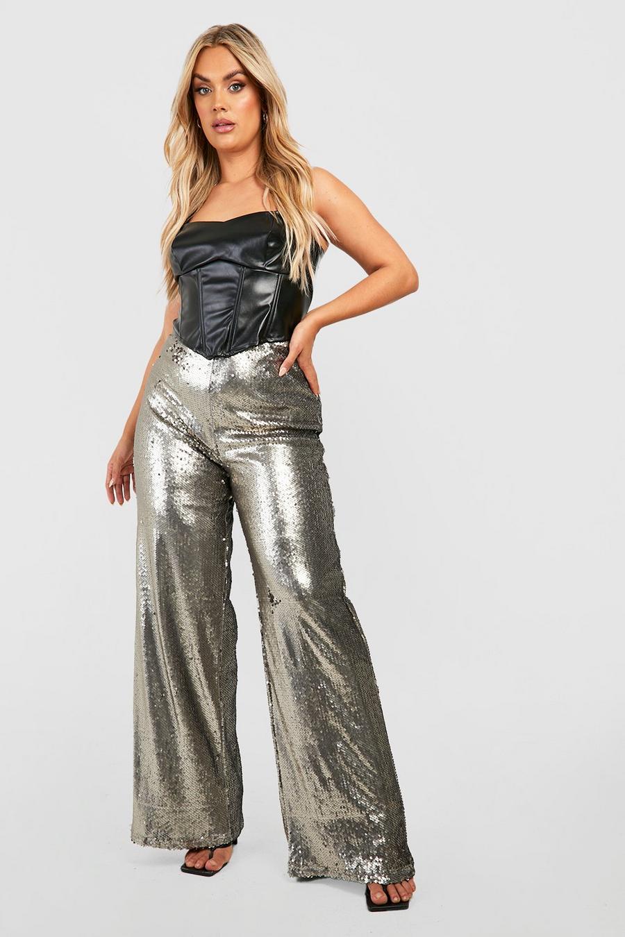 Silver Plus Sequin Wide Leg Trousers image number 1