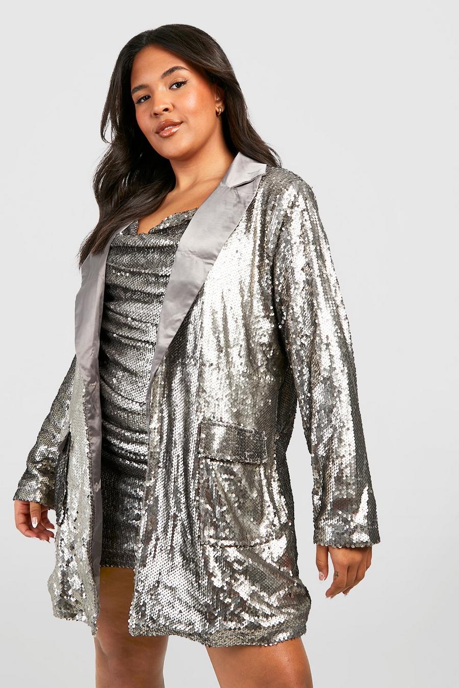 Silver argent Plus Sequin Blazer & Mini Dress Co-ord