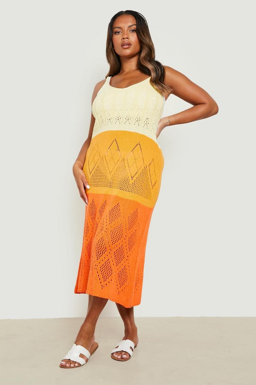 Orange arancio Plus Ombre Knitted Maxi Dress image number 1