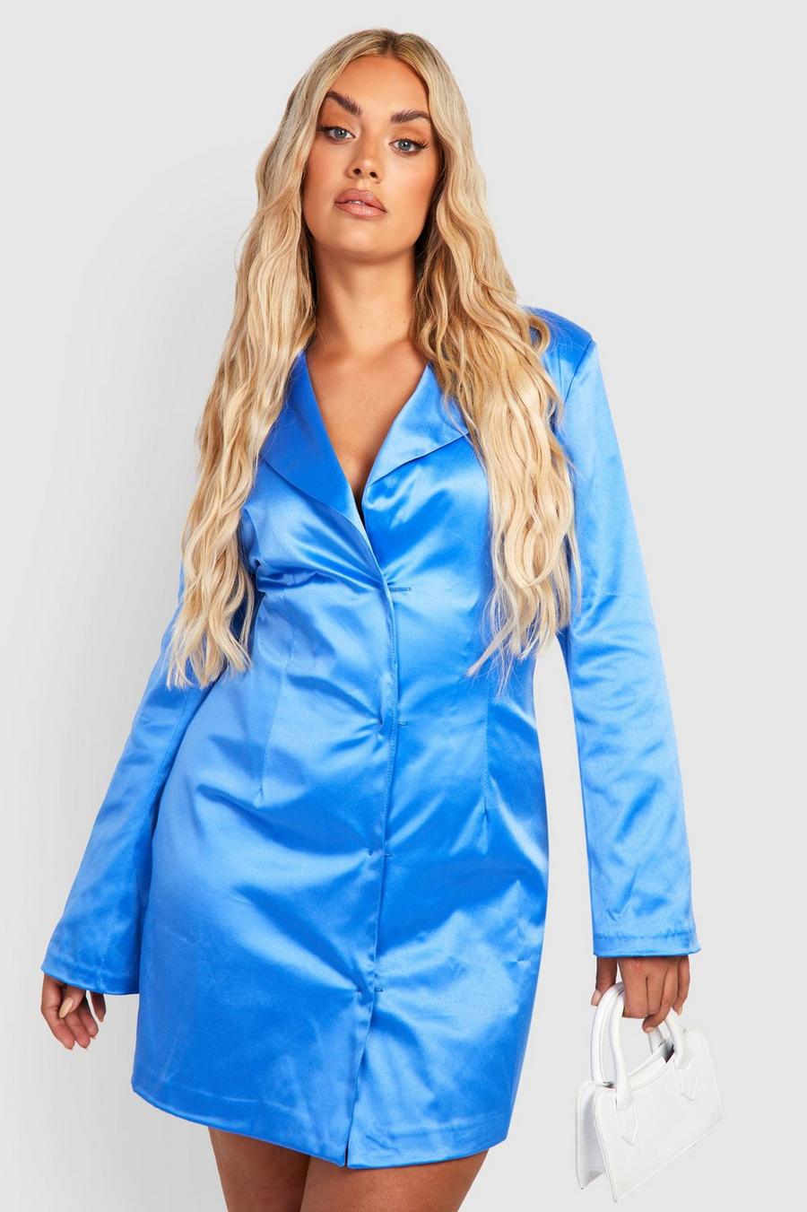 Blue Plus Power Shoulder Satin Blazer Dress