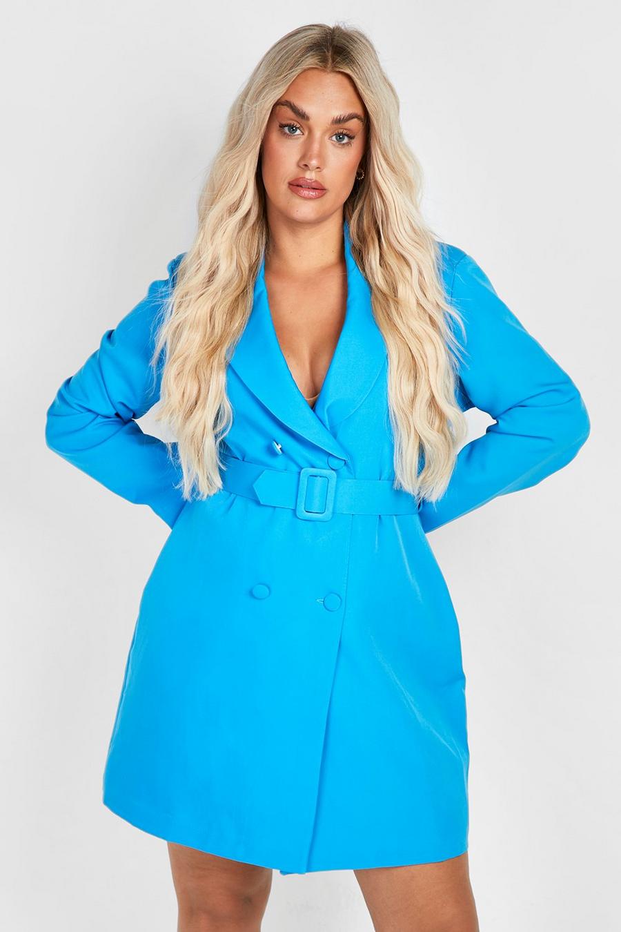 Blue bleu Plus Double Breasted Belted Blazer Dress