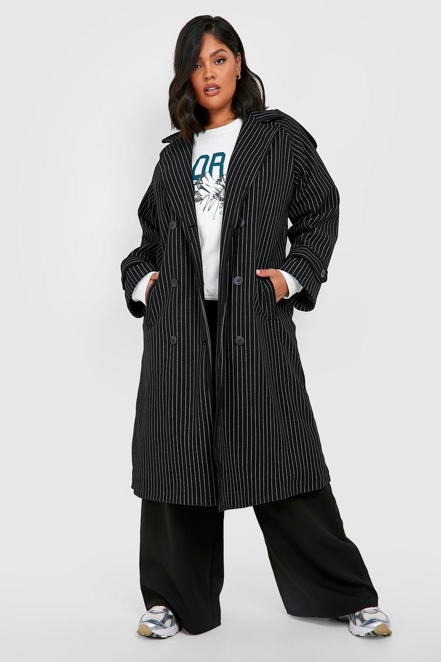 Cappotto Trench Plus Size Premium effetto lana a righe verticali, Black