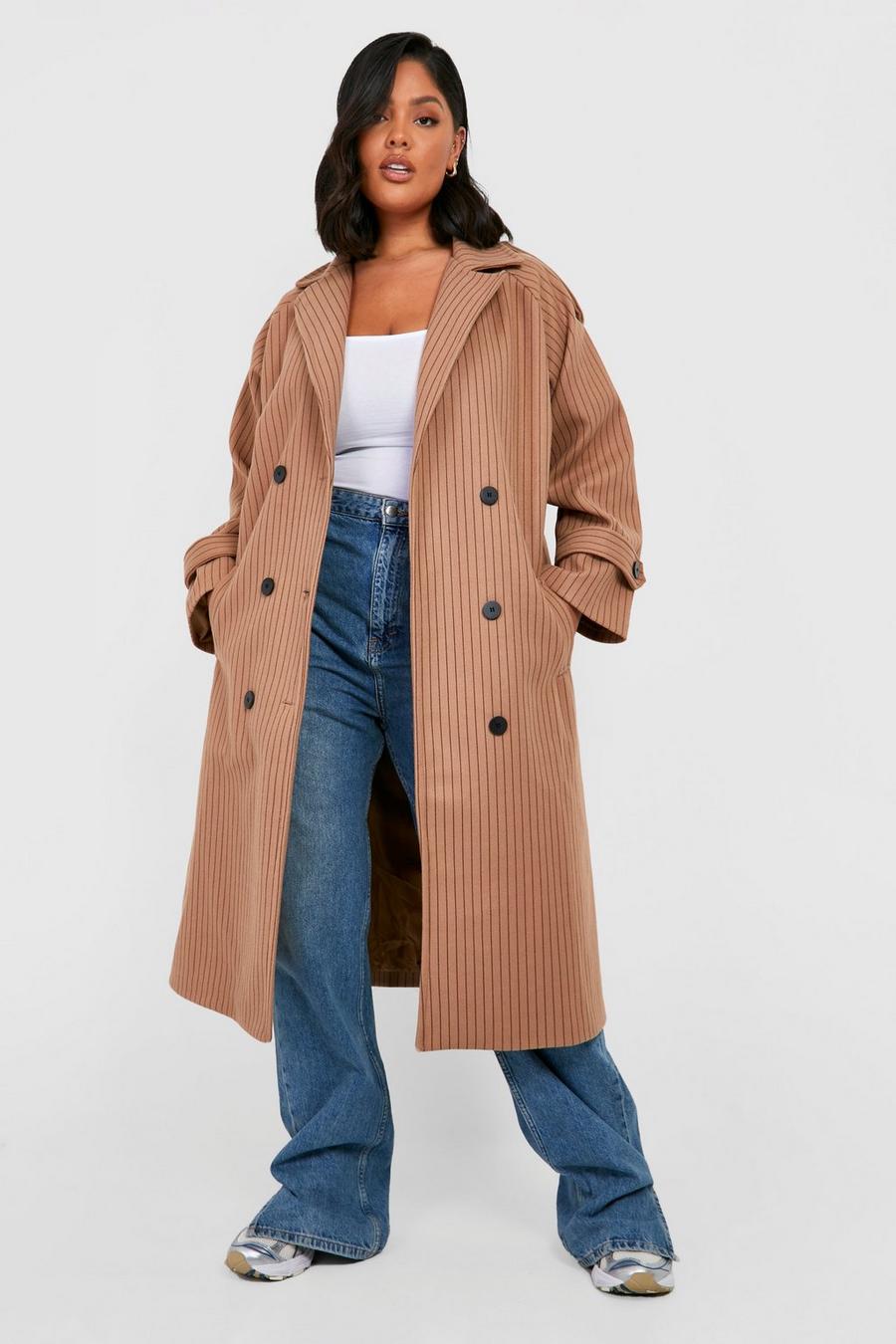 Cappotto Trench Plus Size Premium effetto lana a righe verticali, Camel image number 1
