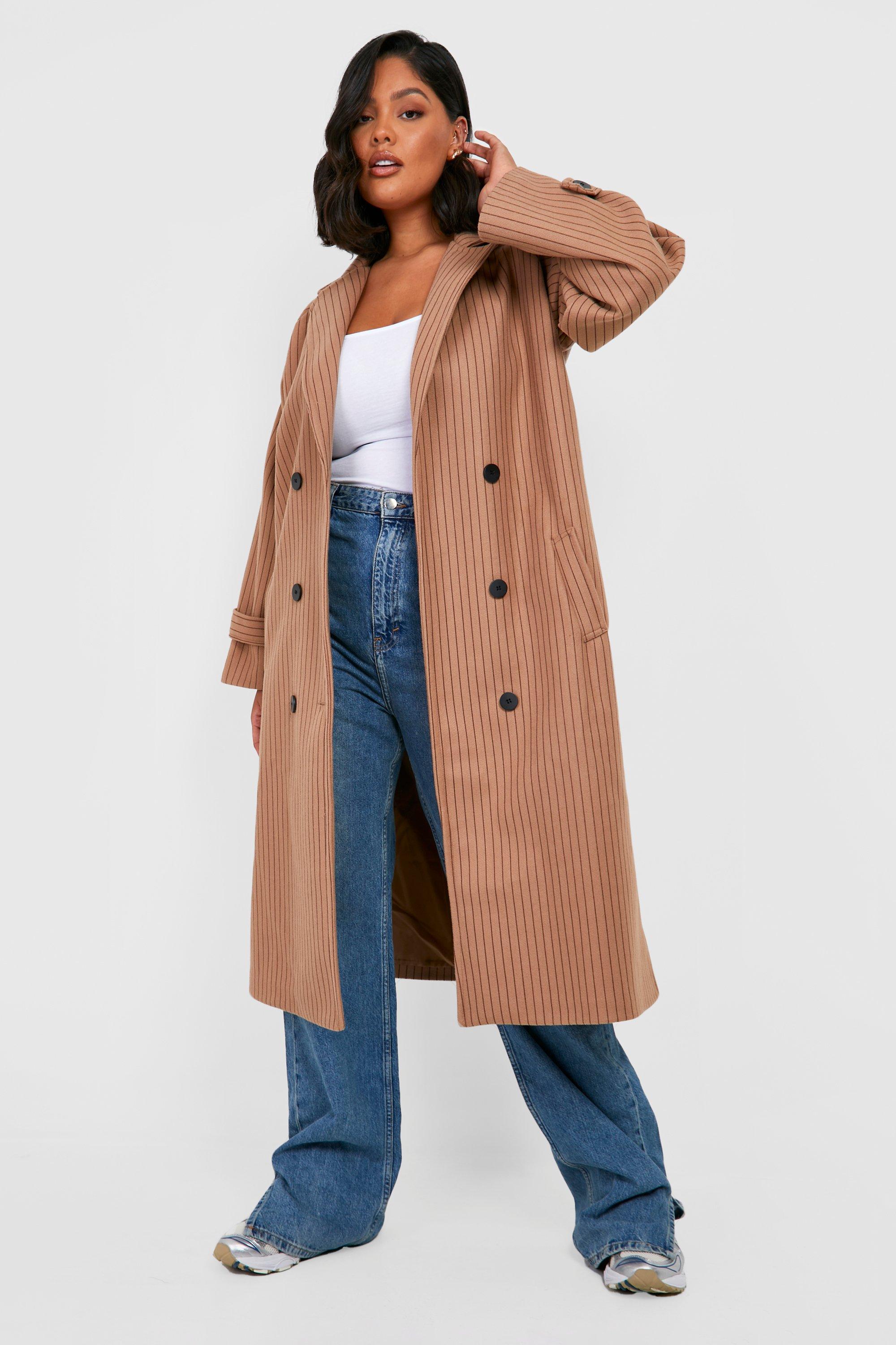 Plus Premium Pinstripe Wool Look Trench Coat