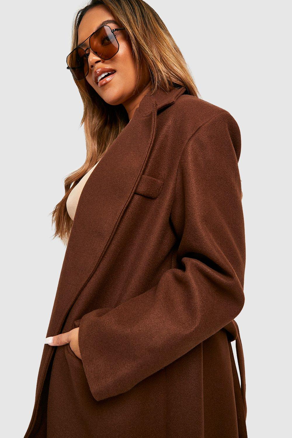 Women s Plus Belted Wool Look Coat Boohoo UK