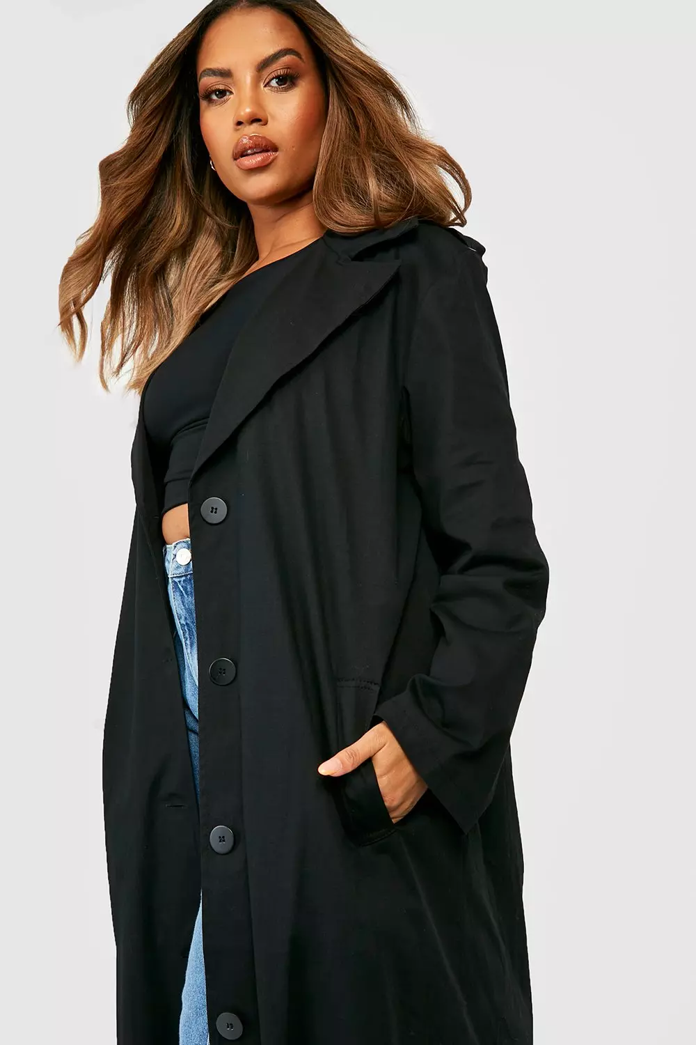 Plus size long black clearance trench coat