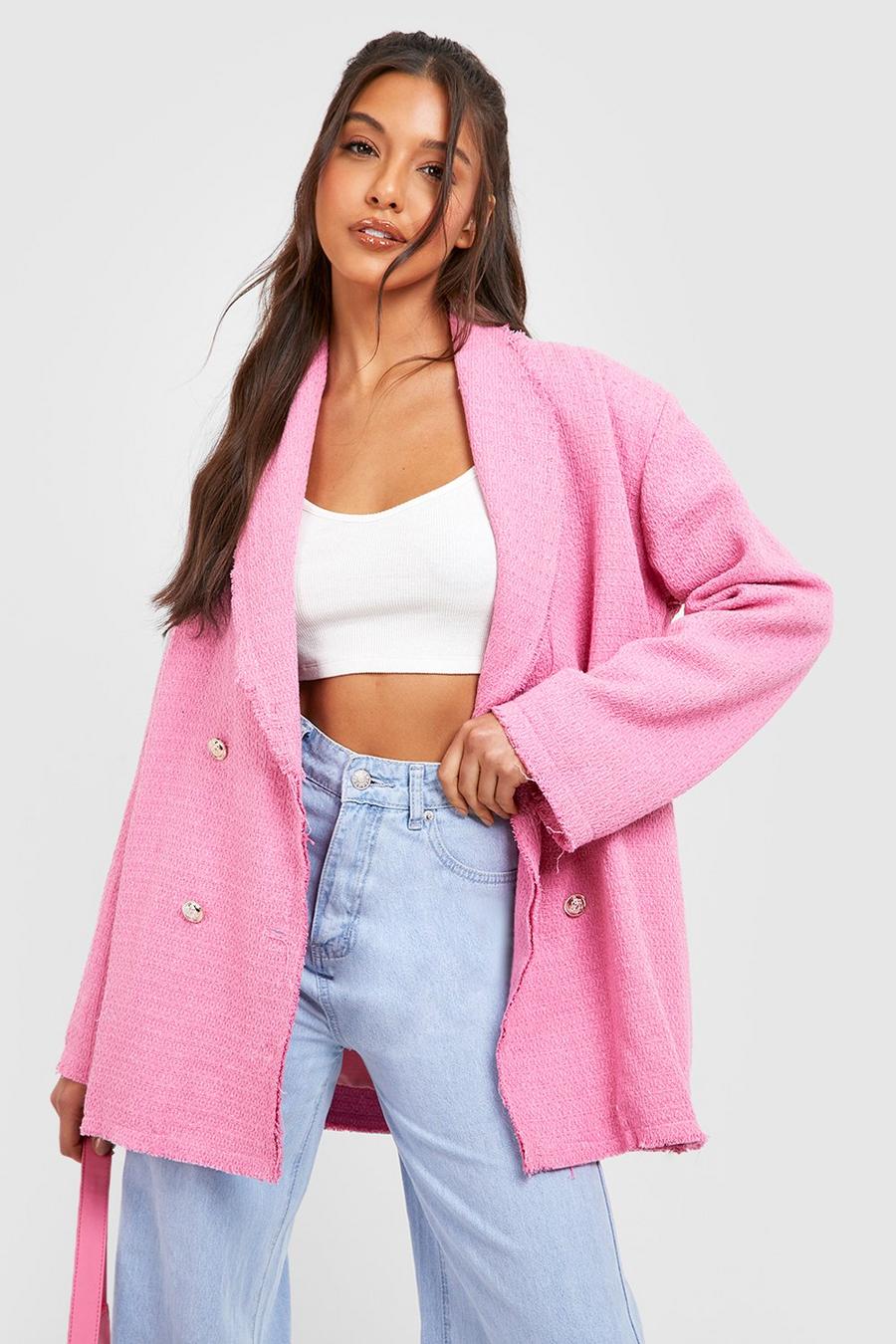Candy pink Boucle Frayed Edge Double Breasted Blazer image number 1