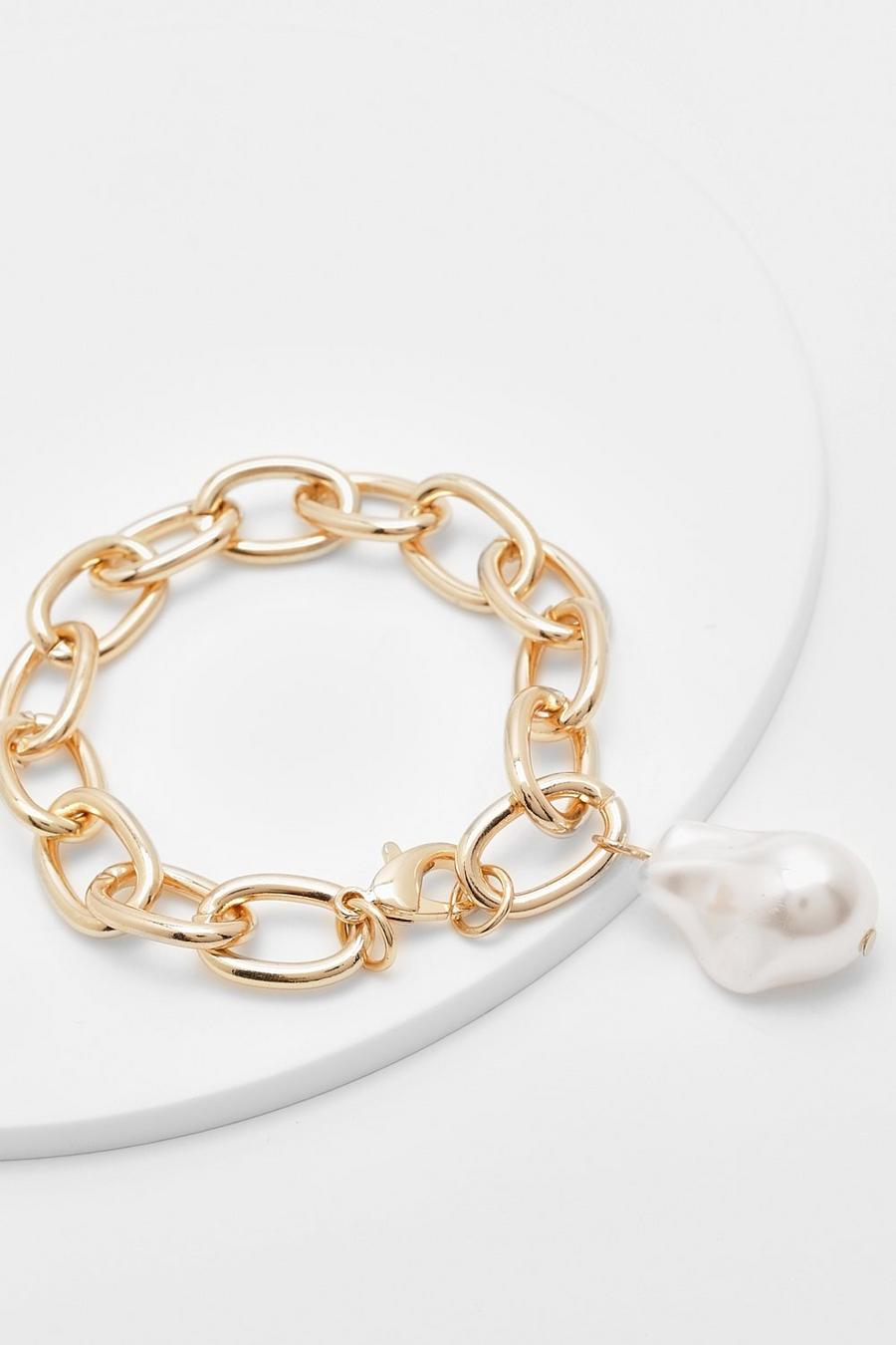 Gold Oragnic Faux Pearl Open Link Chain Bracelet image number 1