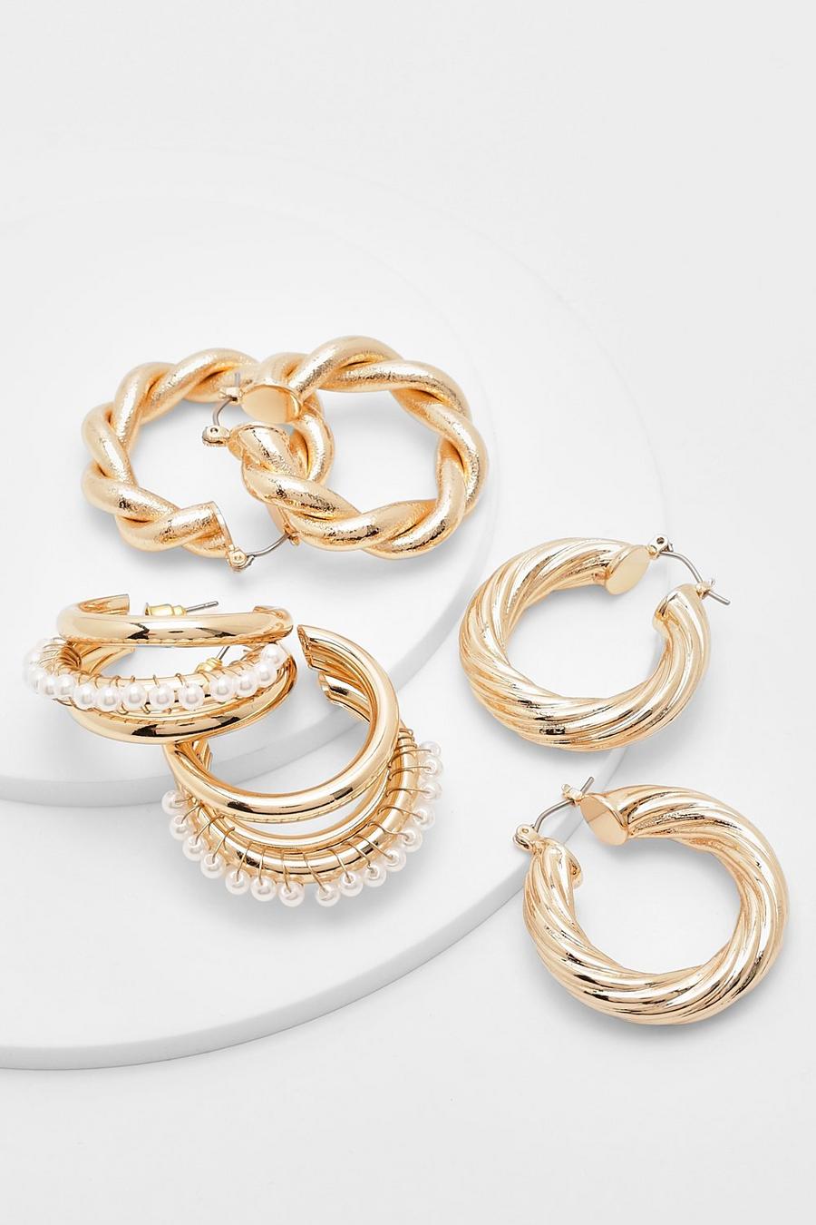 Gold Textured And Twist Faux Pearl 3 Pack Of Hoop  image number 1