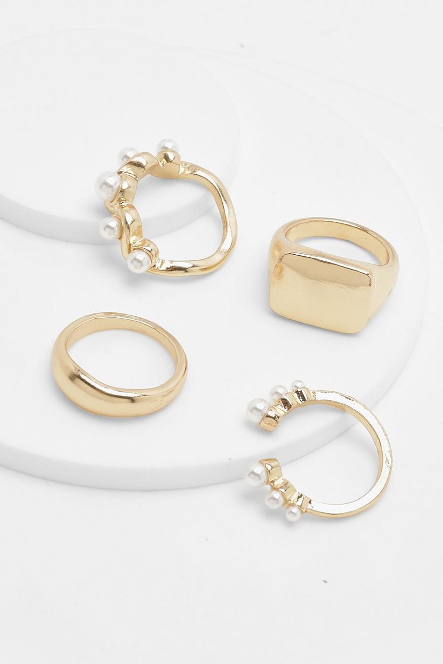 Molten And Pearl Twist Gold 4 Pack Rings